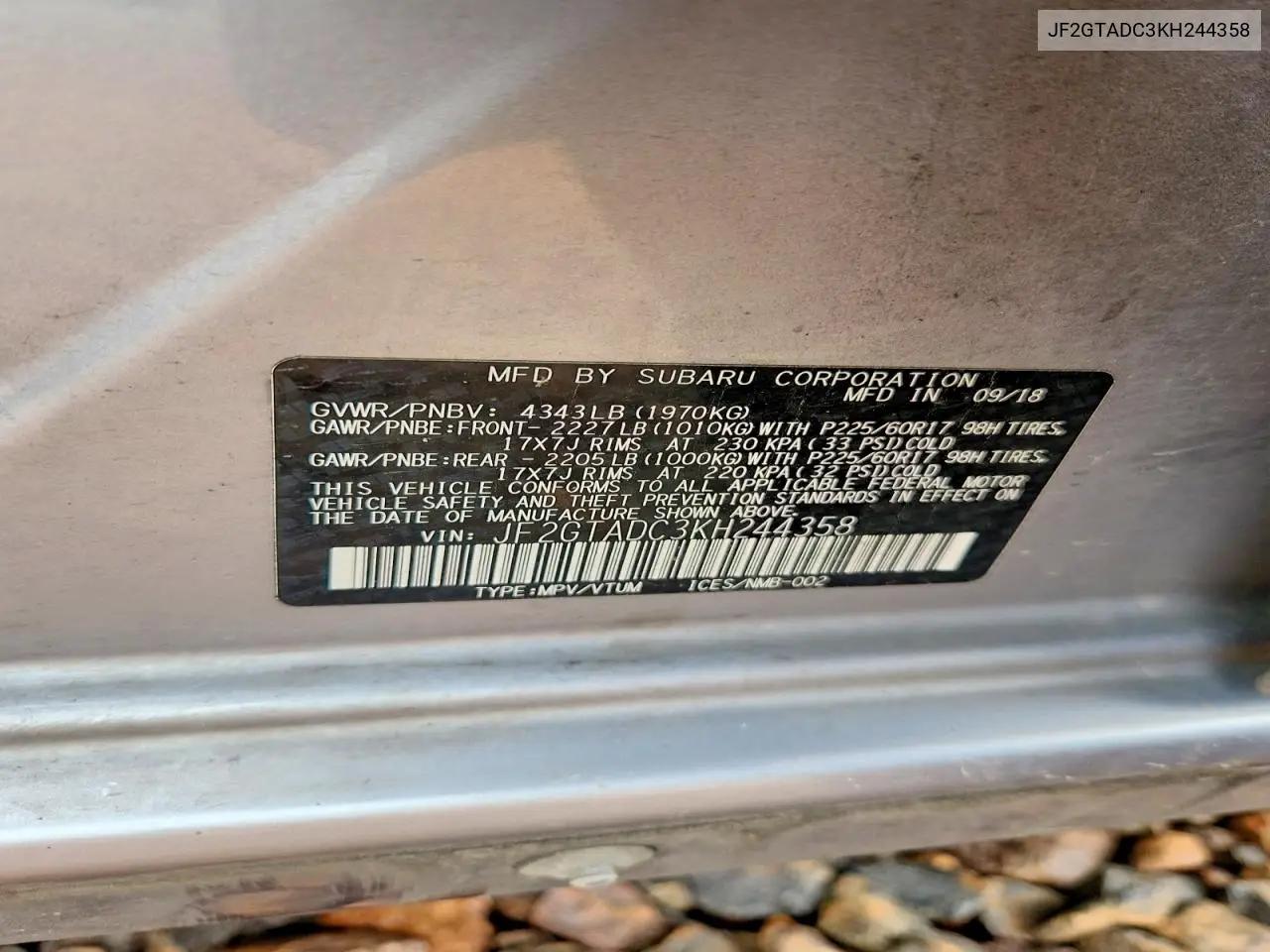 2019 Subaru Crosstrek Premium VIN: JF2GTADC3KH244358 Lot: 56768626