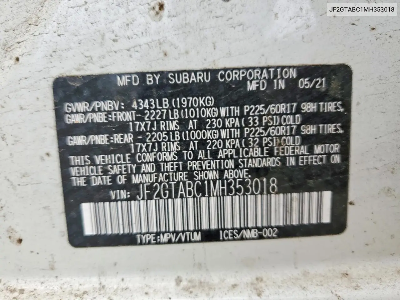 2021 Subaru Crosstrek VIN: JF2GTABC1MH353018 Lot: 58009076