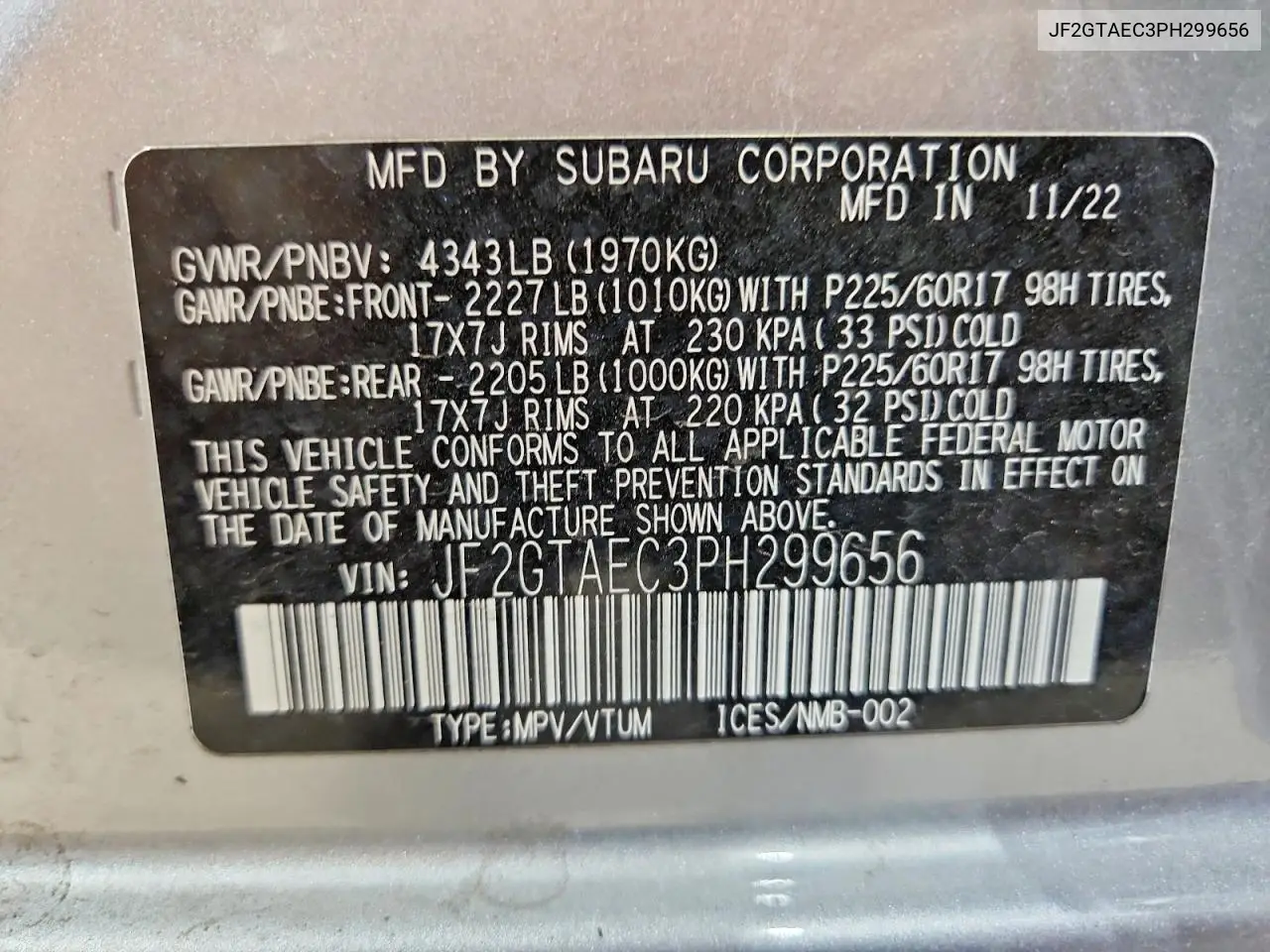 2023 Subaru Crosstrek Premium VIN: JF2GTAEC3PH299656 Lot: 57356666