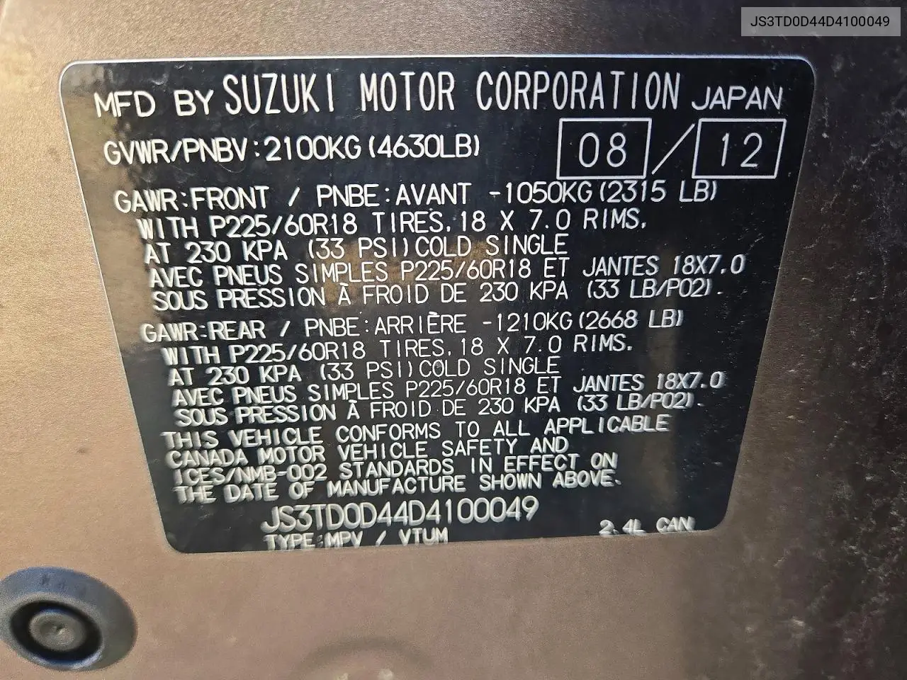 2013 Suzuki Grand Vitara Xsport VIN: JS3TD0D44D4100049 Lot: 53792606
