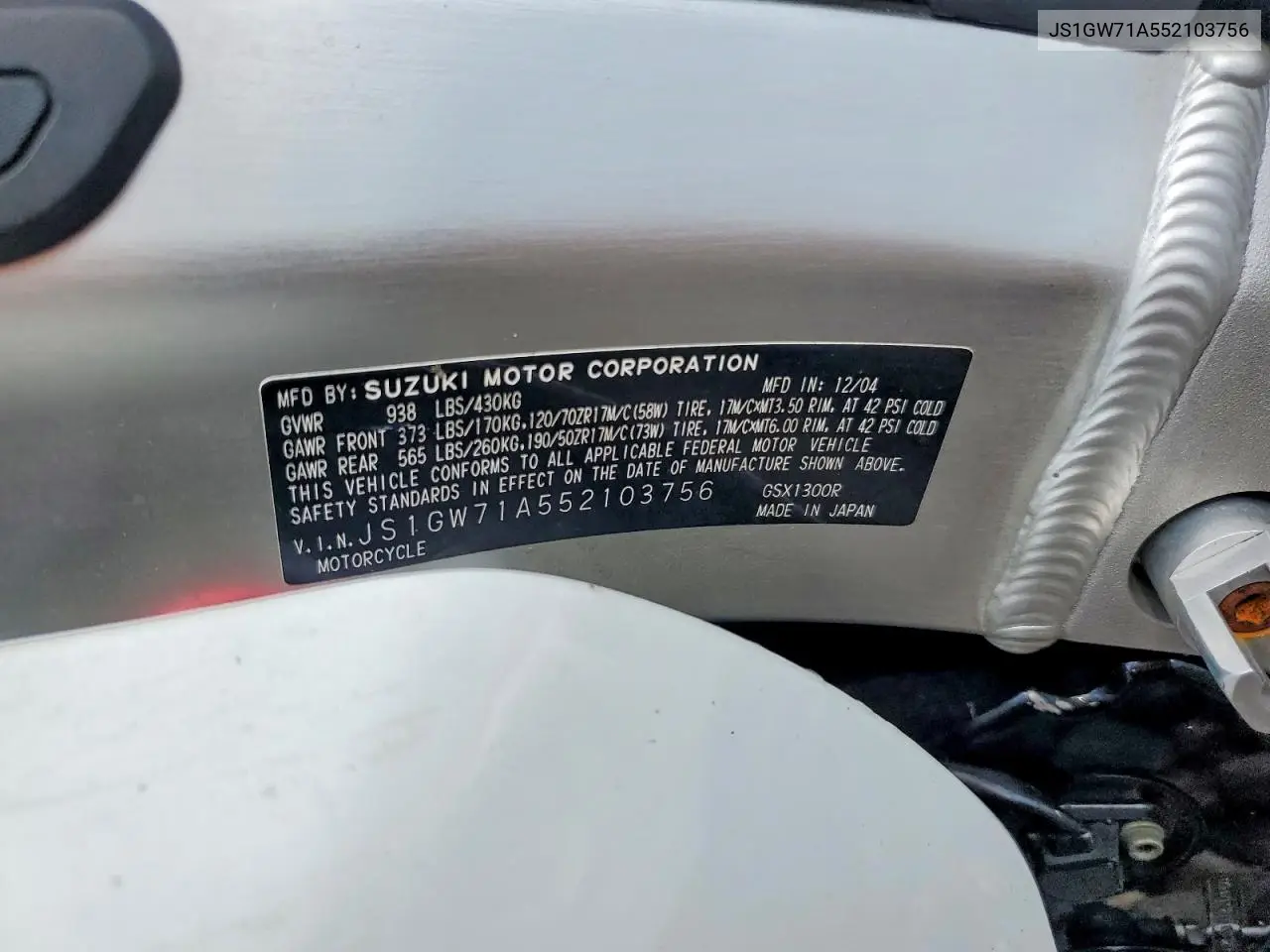 2005 Suzuki Gsx1300 Rk5 VIN: JS1GW71A552103756 Lot: 61578236