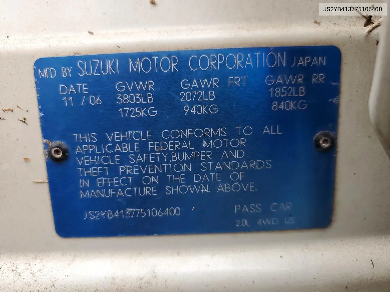 2007 Suzuki Sx4 VIN: JS2YB413775106400 Lot: 47773756