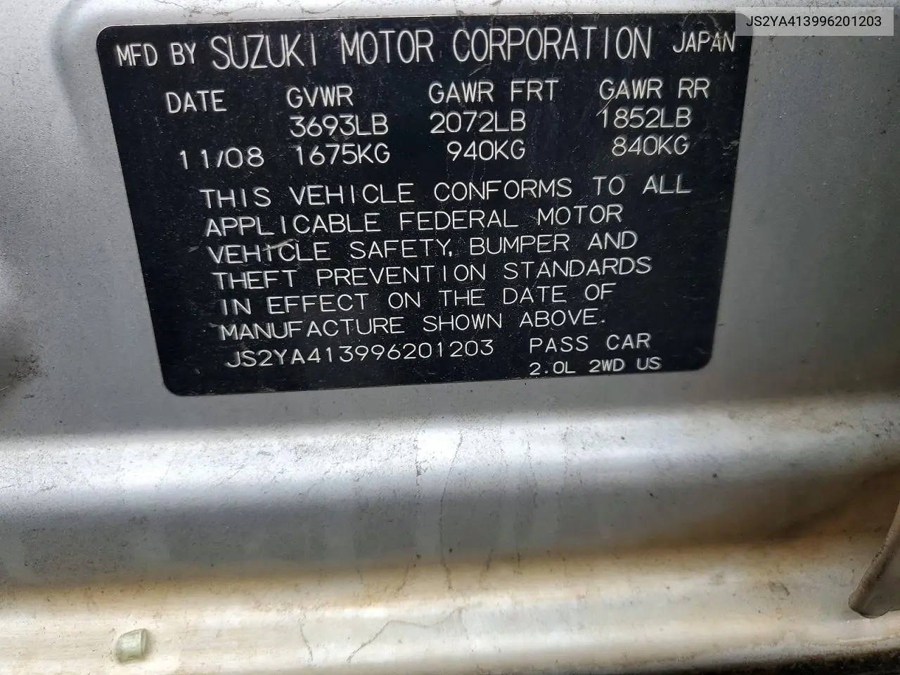 2009 Suzuki Sx4 VIN: JS2YA413996201203 Lot: 53979926