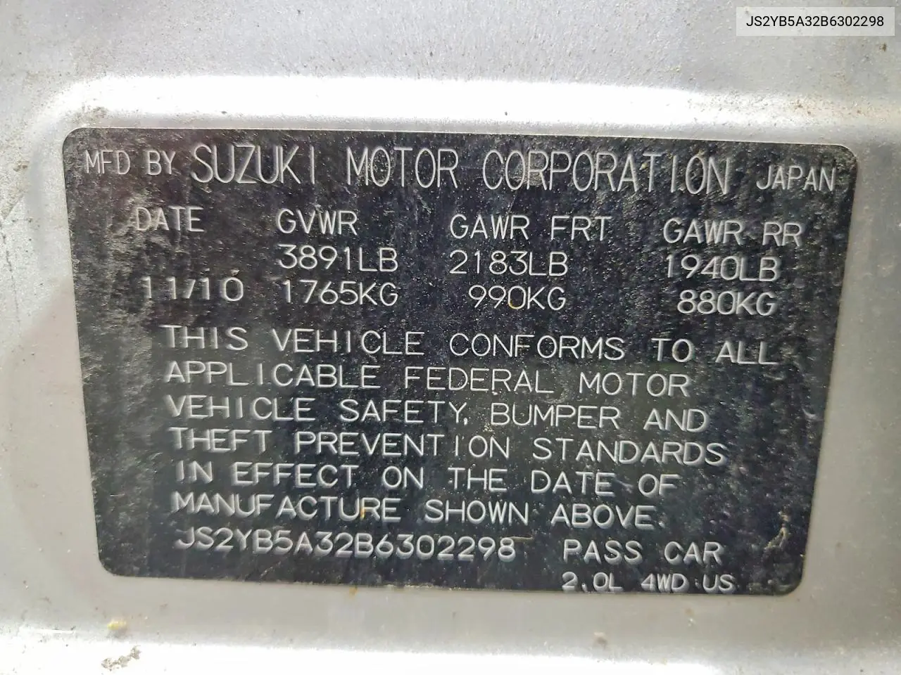 2011 Suzuki Sx4 VIN: JS2YB5A32B6302298 Lot: 55067836