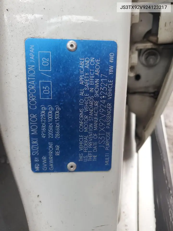 2002 Suzuki Xl7 Plus VIN: JS3TX92V924123217 Lot: 86286835