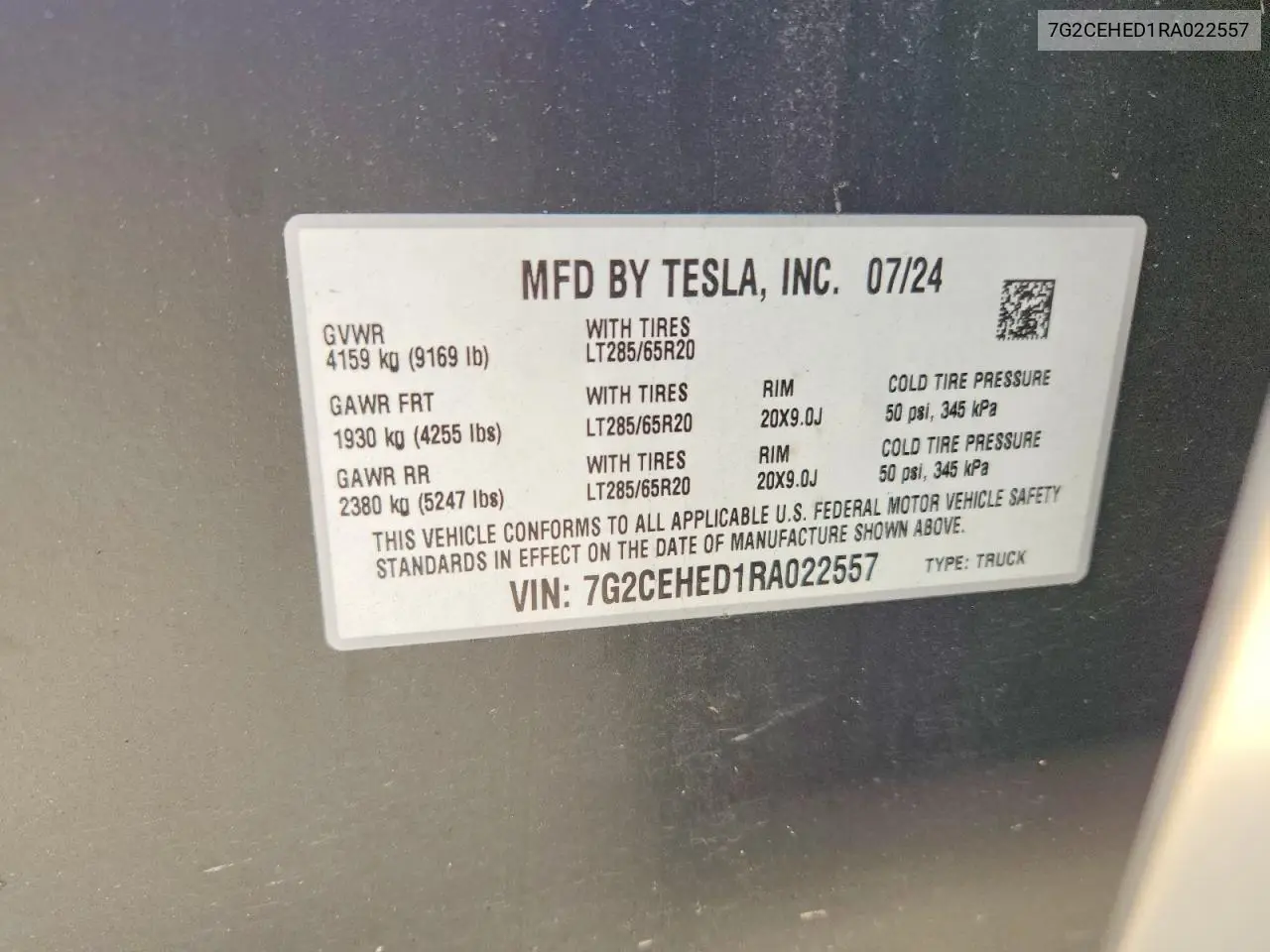 2024 Tesla Cybertruck Beast VIN: 7G2CEHED1RA022557 Lot: 60273976