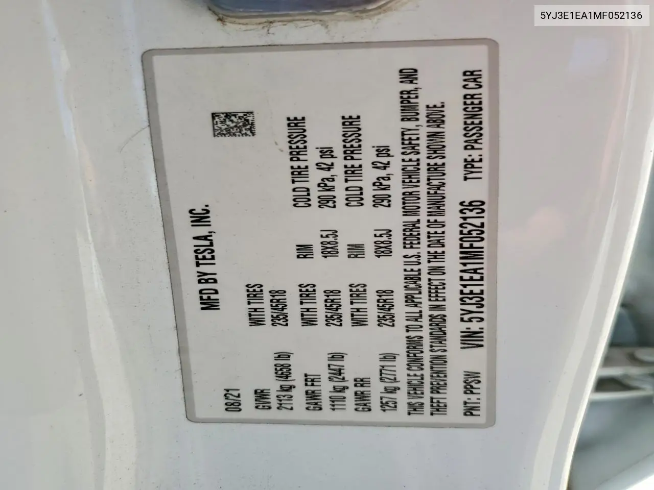 2021 Tesla Model 3 VIN: 5YJ3E1EA1MF052136 Lot: 61953996