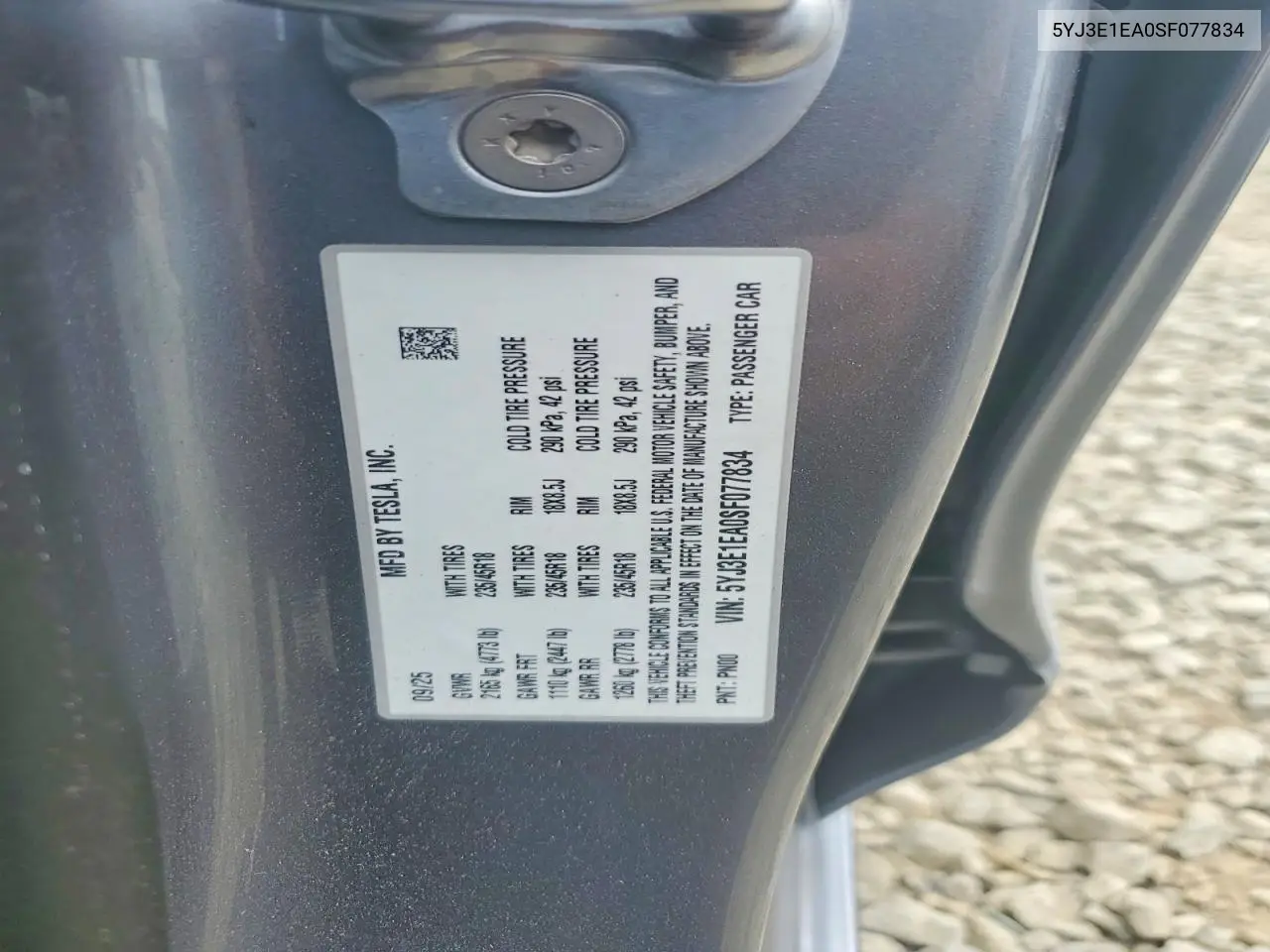 2025 Tesla Model 3 VIN: 5YJ3E1EA0SF077834 Lot: 61446086