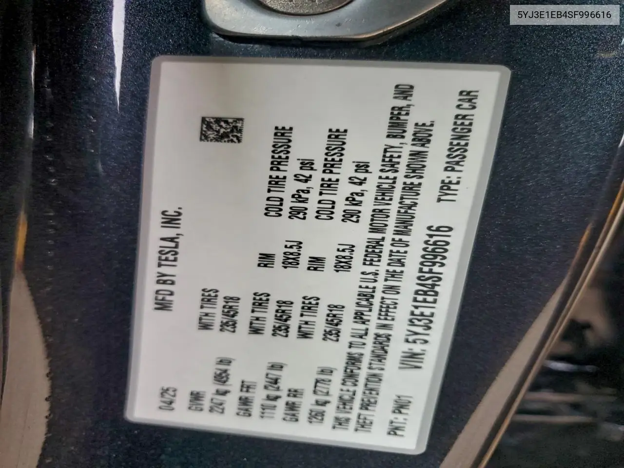 5YJ3E1EB4SF996616 2025 Tesla Model 3