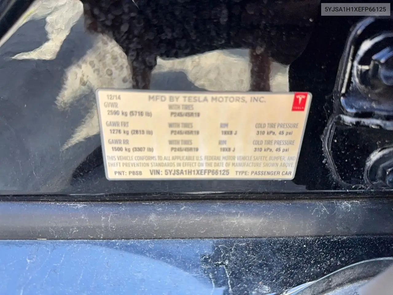 2014 Tesla Model S VIN: 5YJSA1H1XEFP66125 Lot: 59369616