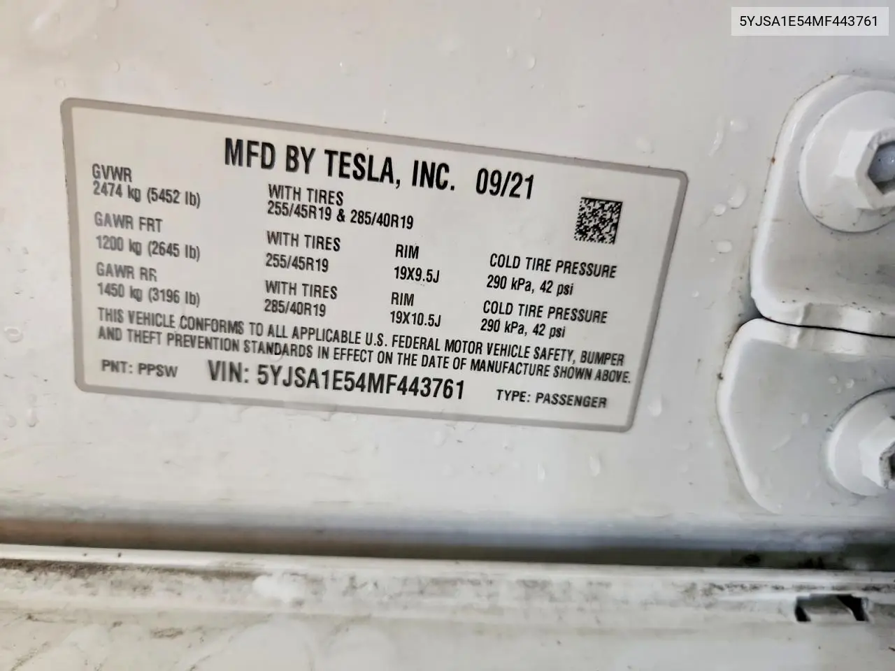 2021 Tesla Model S VIN: 5YJSA1E54MF443761 Lot: 56642116