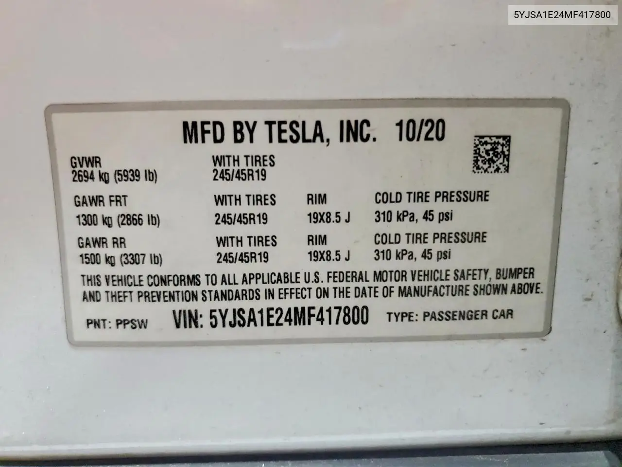 2021 Tesla Model S VIN: 5YJSA1E24MF417800 Lot: 59241786