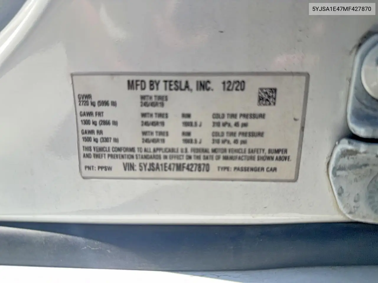 2021 Tesla Model S VIN: 5YJSA1E47MF427870 Lot: 60093726