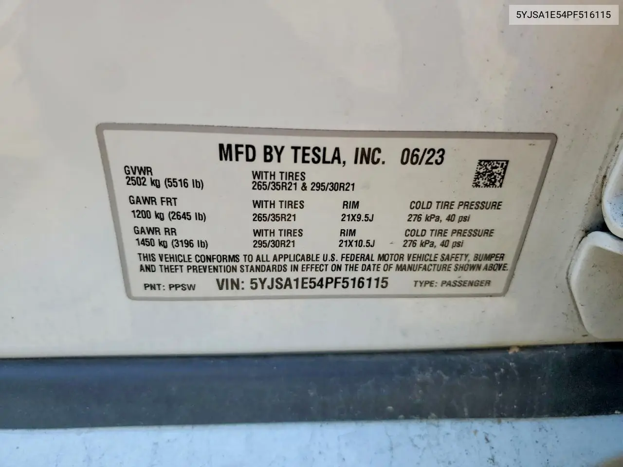 2023 Tesla Model S VIN: 5YJSA1E54PF516115 Lot: 59117756