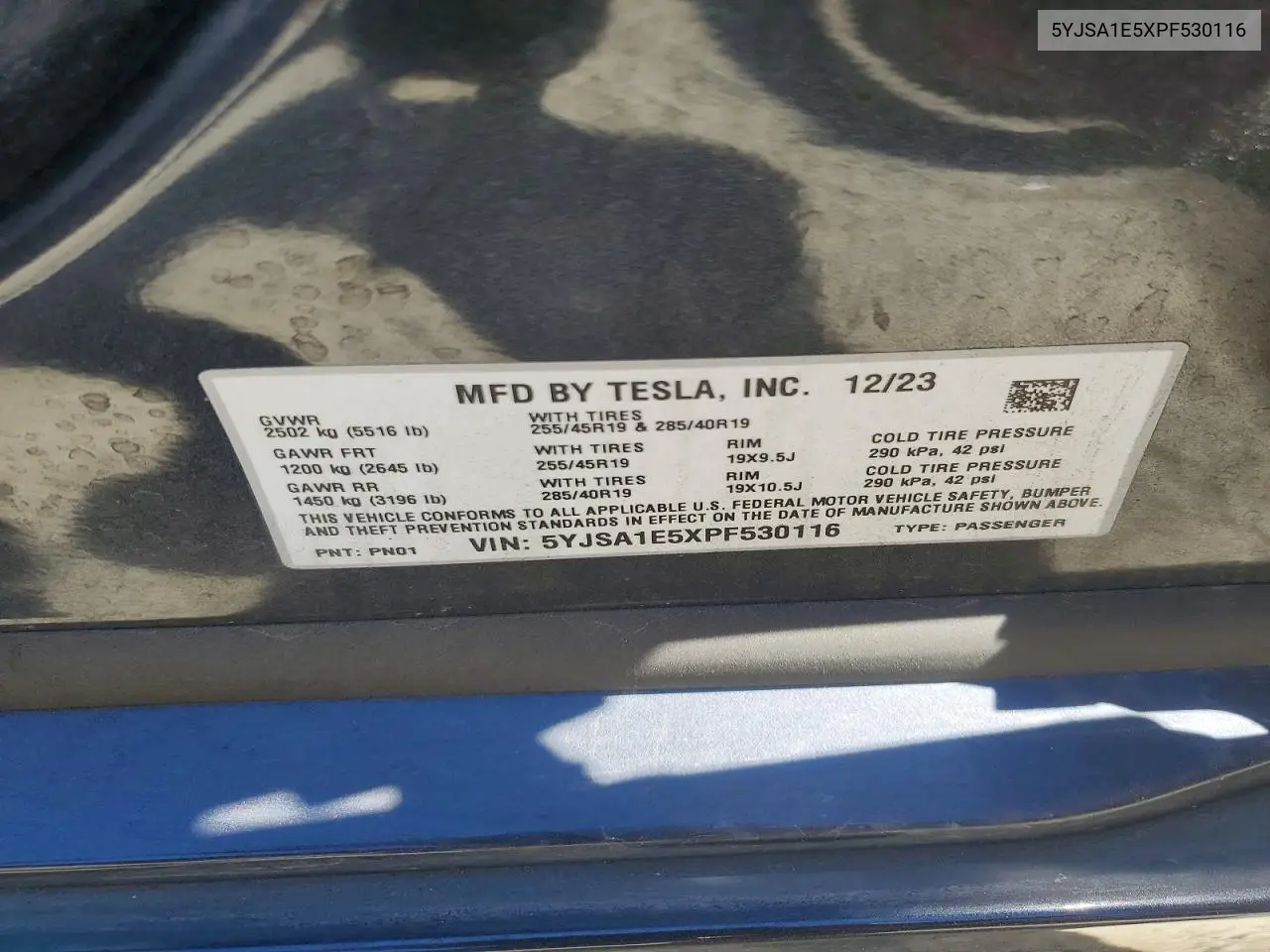 2023 Tesla Model S VIN: 5YJSA1E5XPF530116 Lot: 59773986