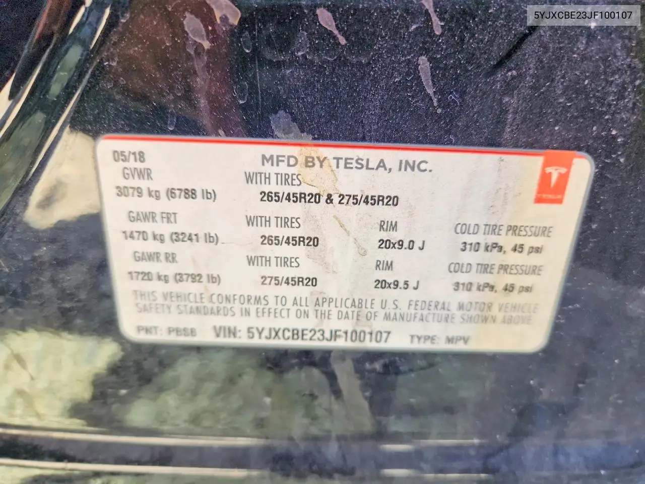 2018 Tesla Model X VIN: 5YJXCBE23JF100107 Lot: 55827316