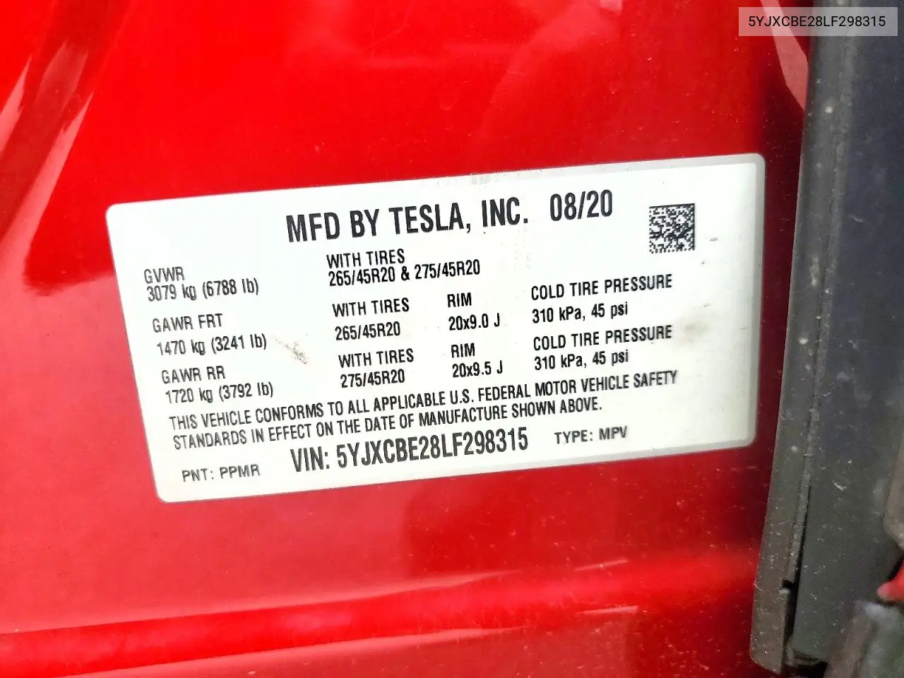 2020 Tesla Model X VIN: 5YJXCBE28LF298315 Lot: 54922466