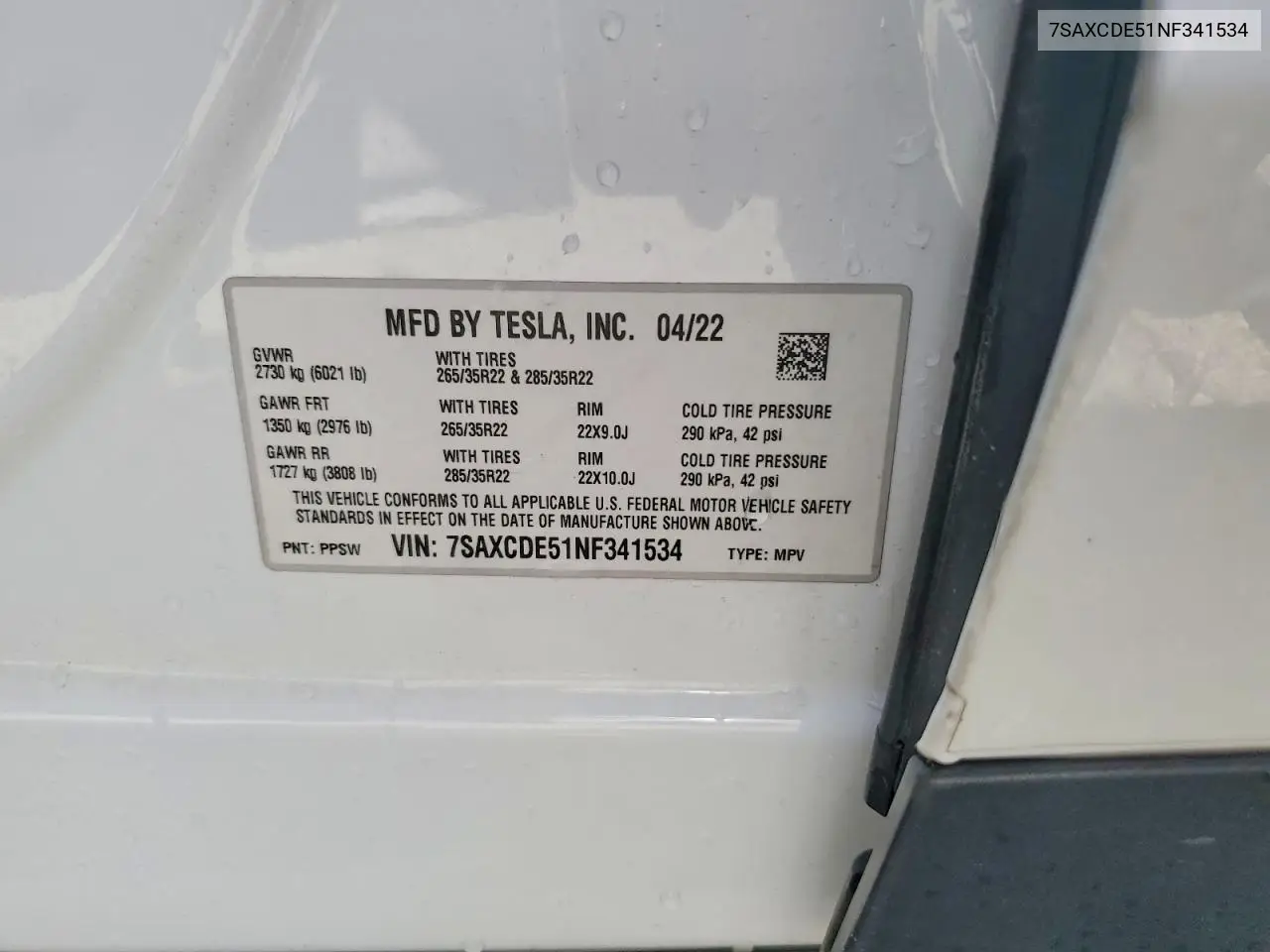 2022 Tesla Model X VIN: 7SAXCDE51NF341534 Lot: 61005636