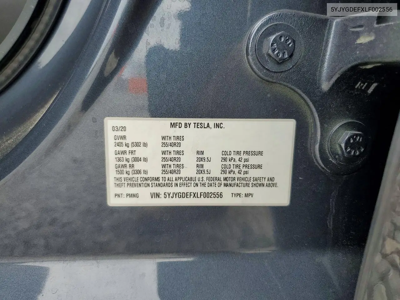 2020 Tesla Model Y VIN: 5YJYGDEFXLF002556 Lot: 59914296