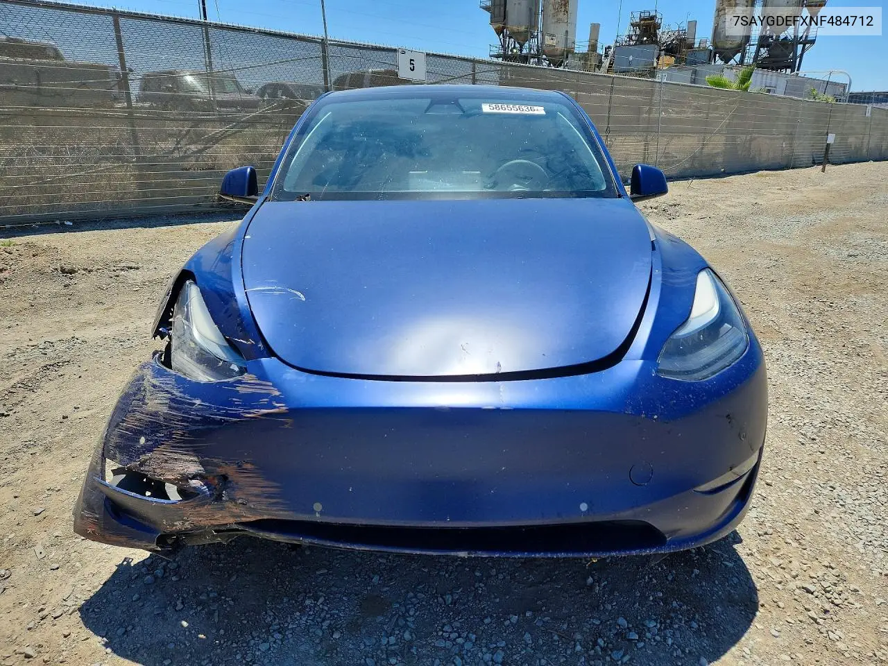 2022 Tesla Model Y VIN: 7SAYGDEFXNF484712 Lot: 58655636