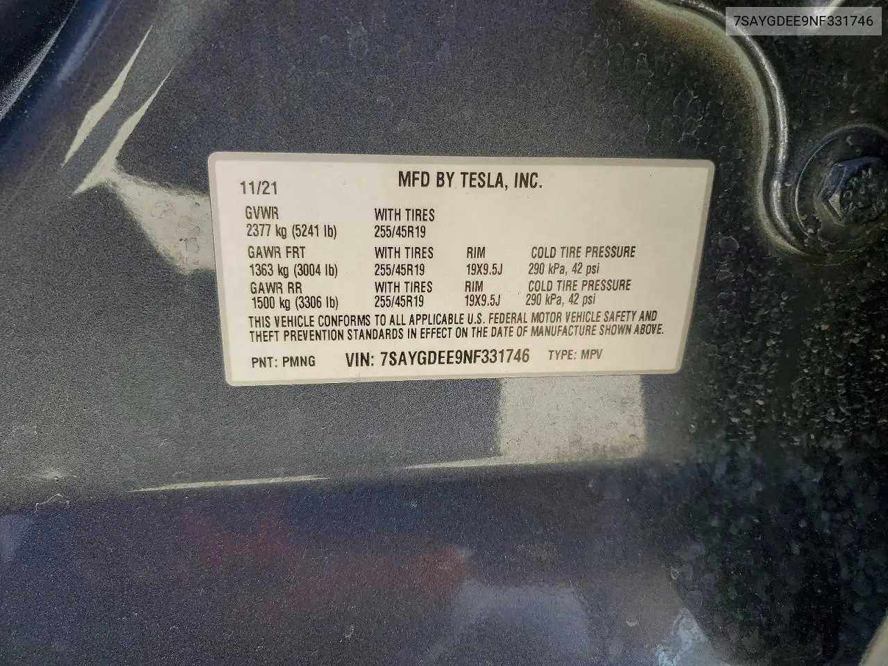 2022 Tesla Model Y VIN: 7SAYGDEE9NF331746 Lot: 59734096