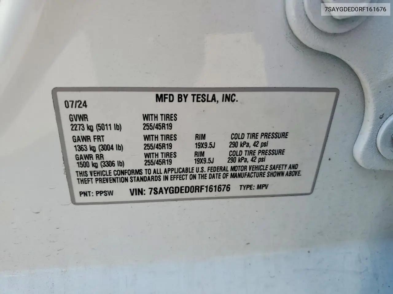 2024 Tesla Model Y VIN: 7SAYGDED0RF161676 Lot: 61889916