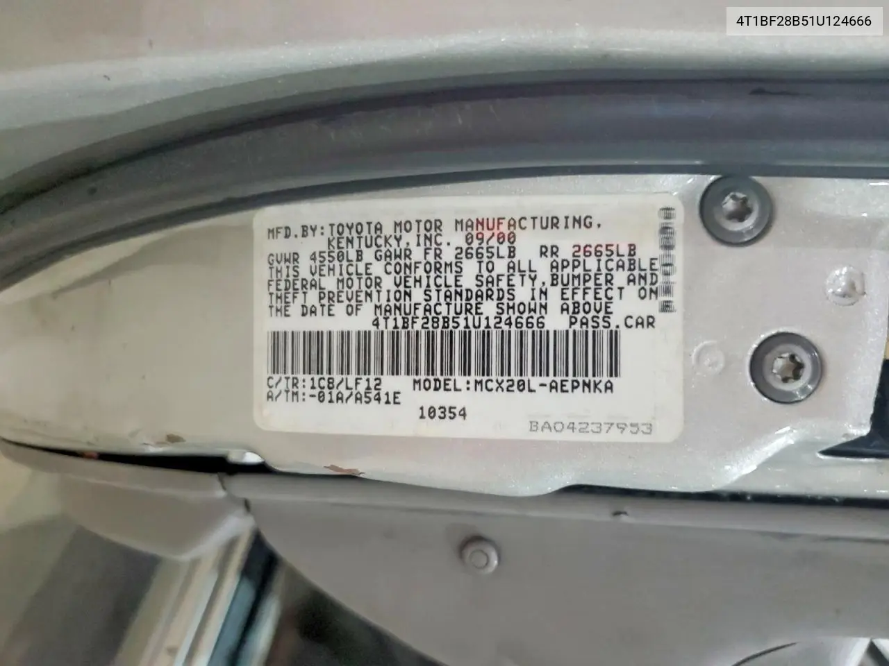 2001 Toyota Avalon Xl VIN: 4T1BF28B51U124666 Lot: 56825596