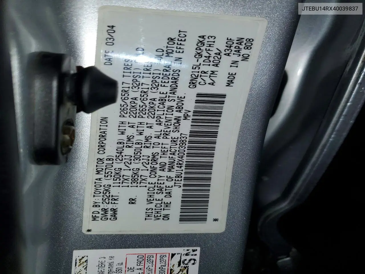 2004 Toyota 4Runner Sport Edition VIN: JTEBU14RX40039837 Lot: 55118656