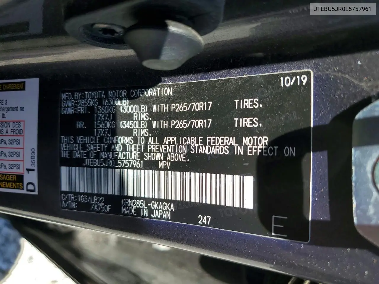 2020 Toyota 4Runner Sr5 VIN: JTEBU5JR0L5757961 Lot: 56803136