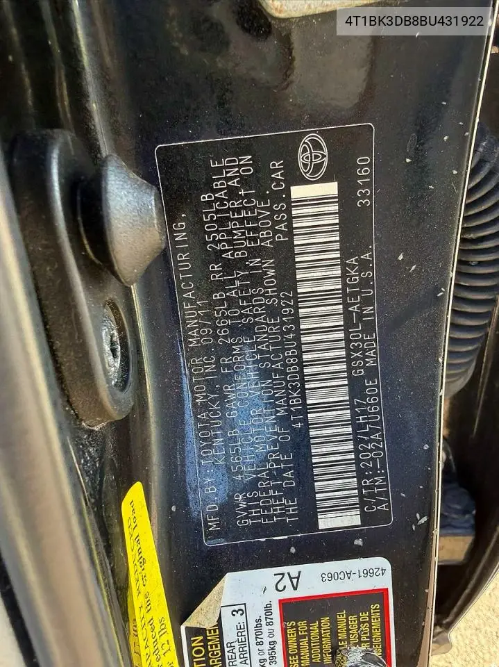 2011 Toyota Avalon Base VIN: 4T1BK3DB8BU431922 Lot: 54531996