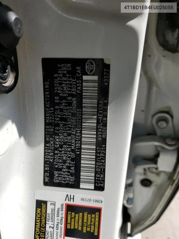 4T1BD1EB4EU025055 2014 Toyota Avalon Hybrid