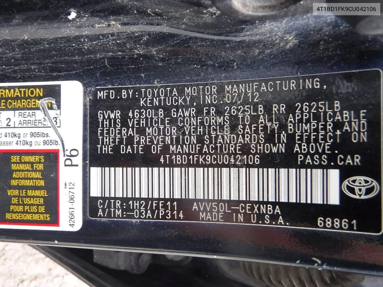 2012 Toyota Camry Hybrid Le VIN: 4T1BD1FK9CU042106 Lot: 58842266