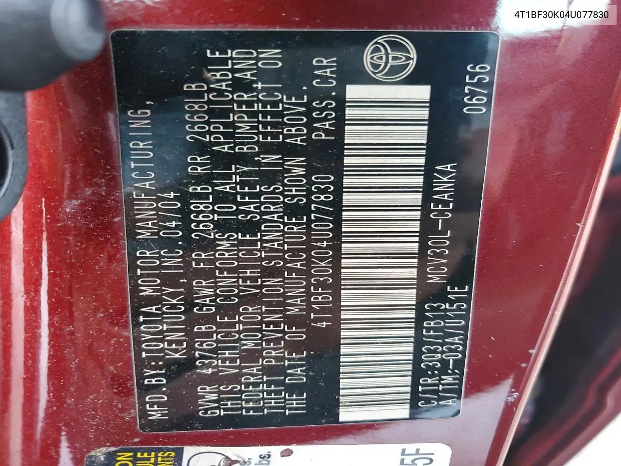 4T1BF30K04U077830 2004 Toyota Camry Le
