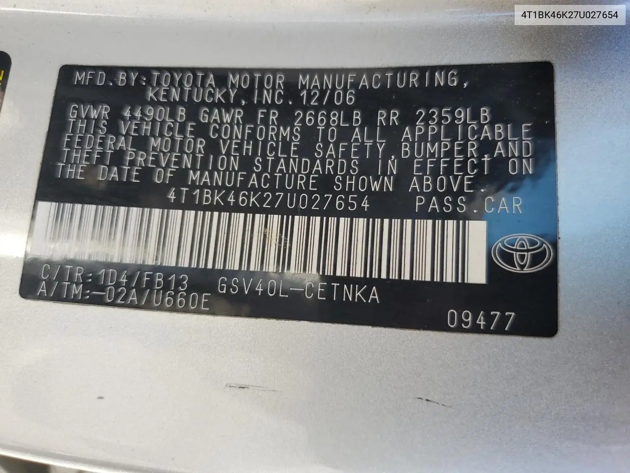 4T1BK46K27U027654 2007 Toyota Camry Le