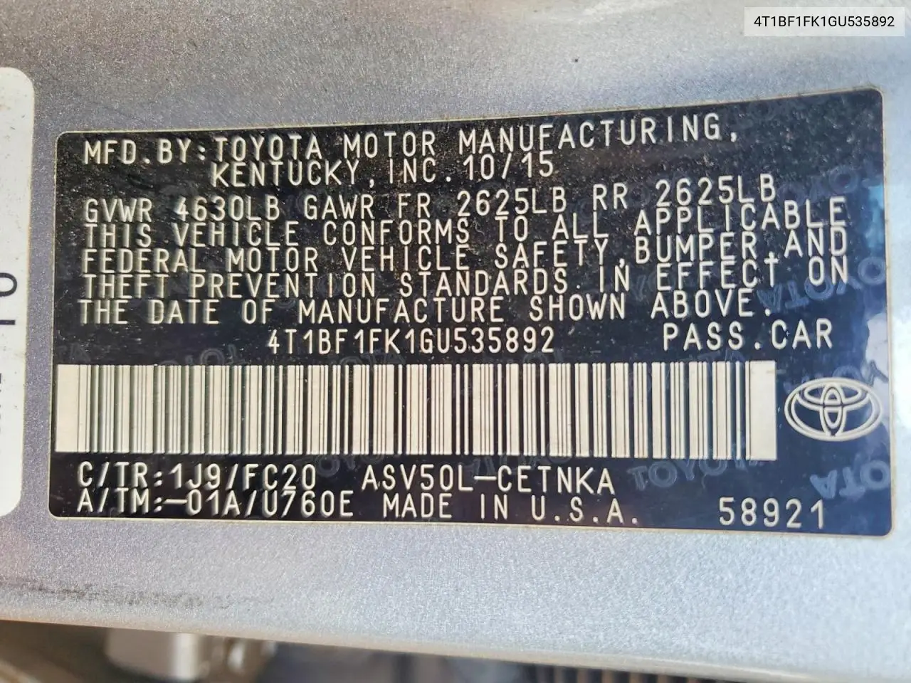 2016 Toyota Camry Le VIN: 4T1BF1FK1GU535892 Lot: 58491826