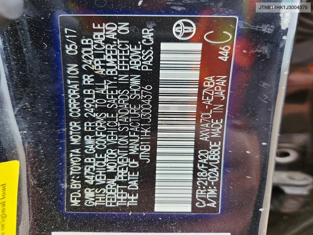JTNB11HK1J3004376 2018 Toyota Camry Le