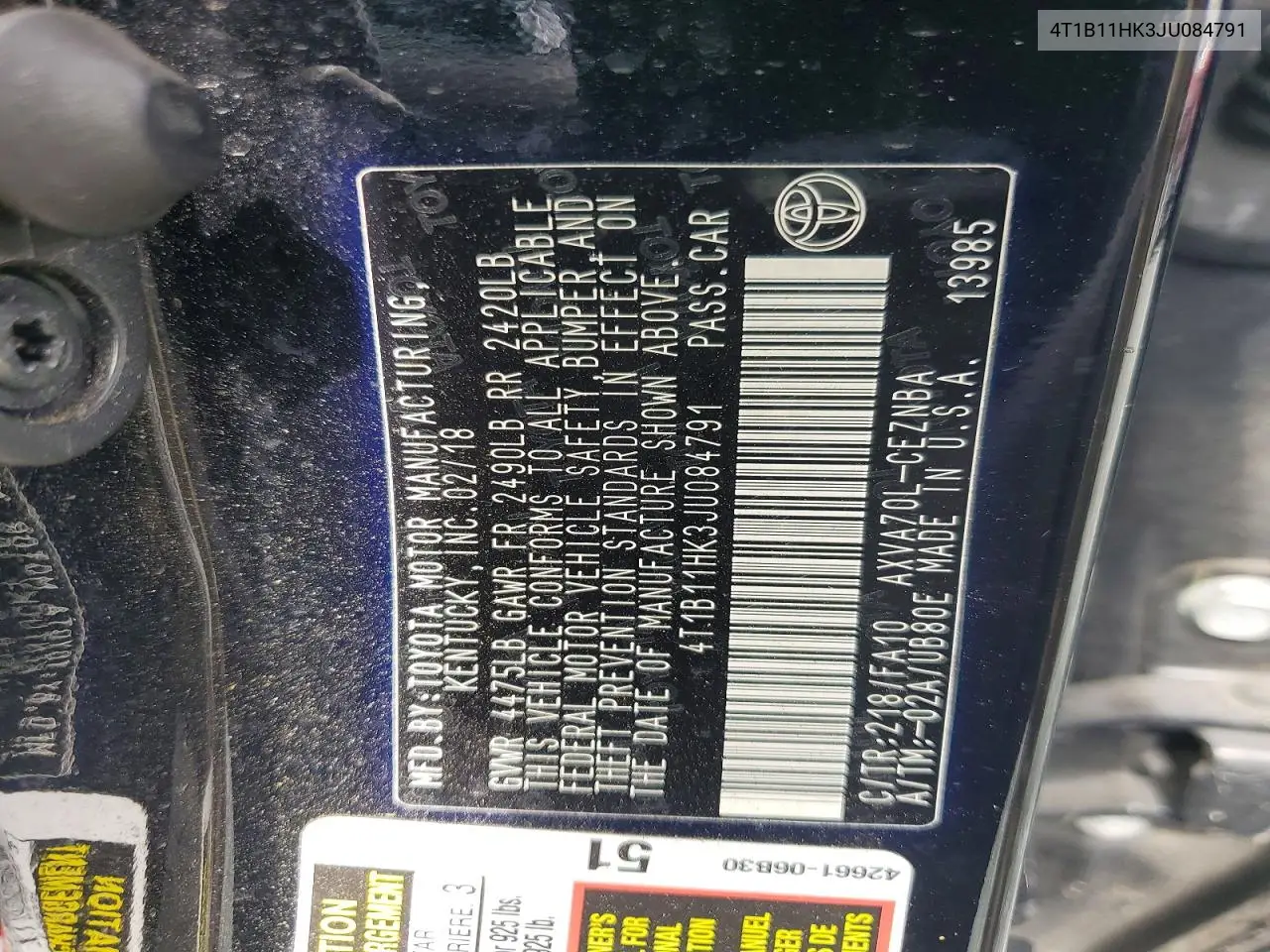 2018 Toyota Camry Le VIN: 4T1B11HK3JU084791 Lot: 61949186