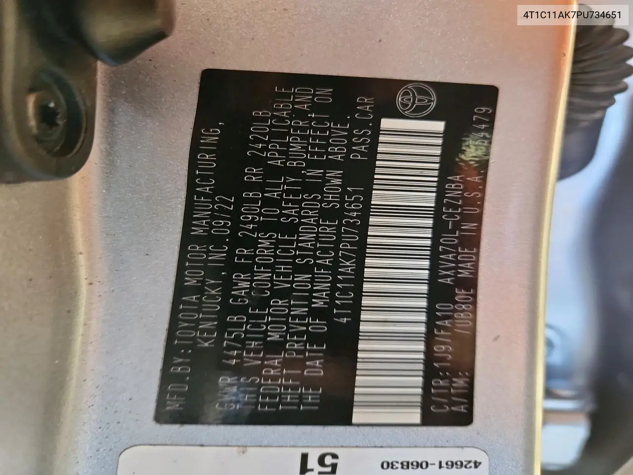 2023 Toyota Camry Le VIN: 4T1C11AK7PU734651 Lot: 61066676