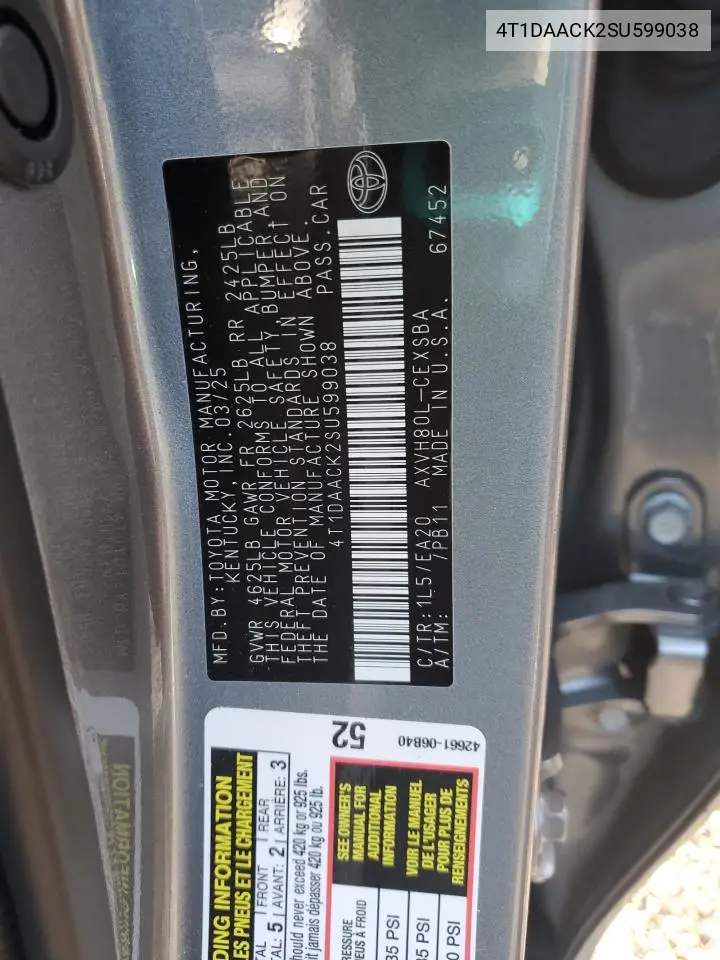 4T1DAACK2SU599038 2025 Toyota Camry Xse
