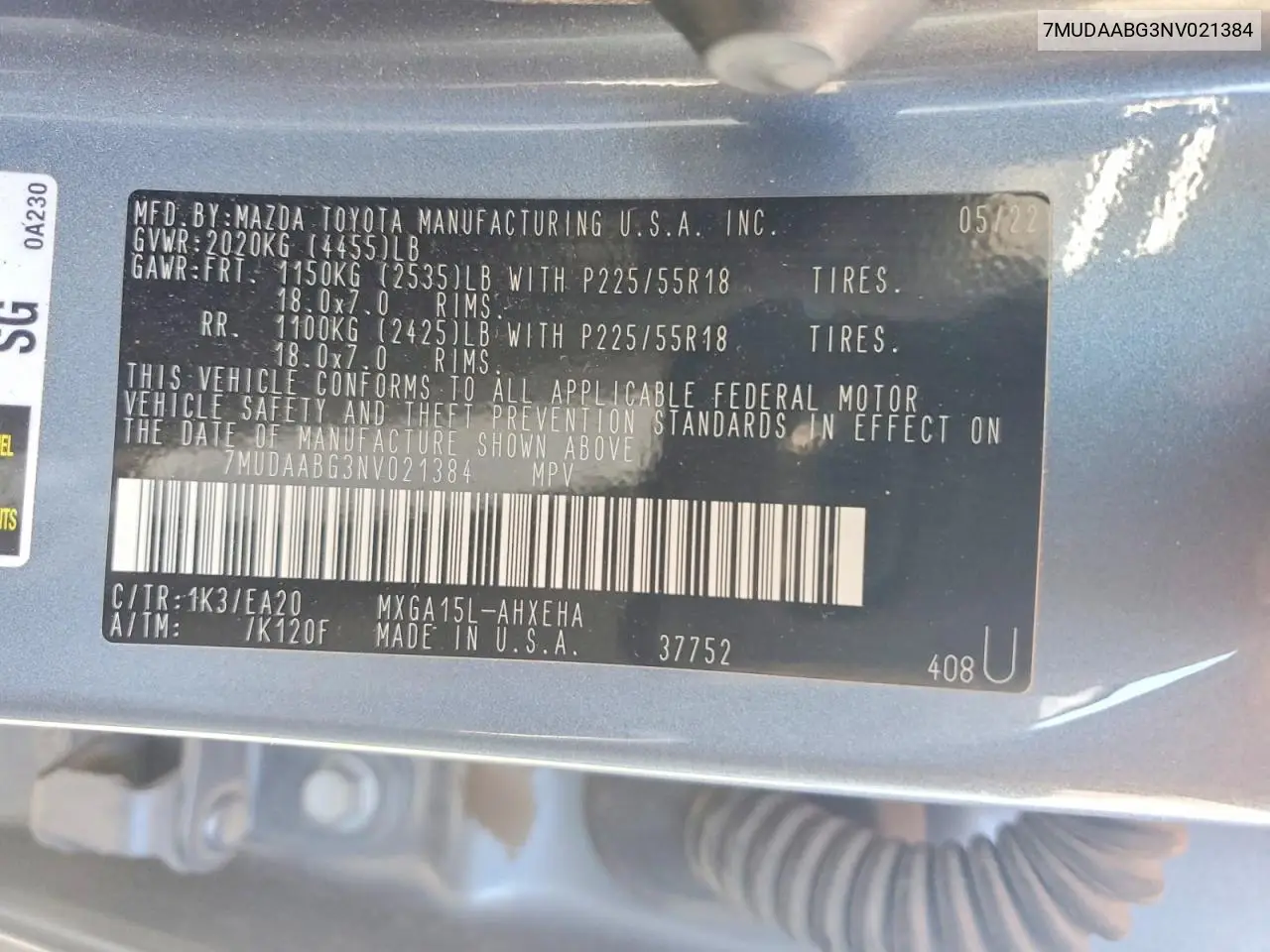 2022 Toyota Corolla Cross Xle VIN: 7MUDAABG3NV021384 Lot: 58032176