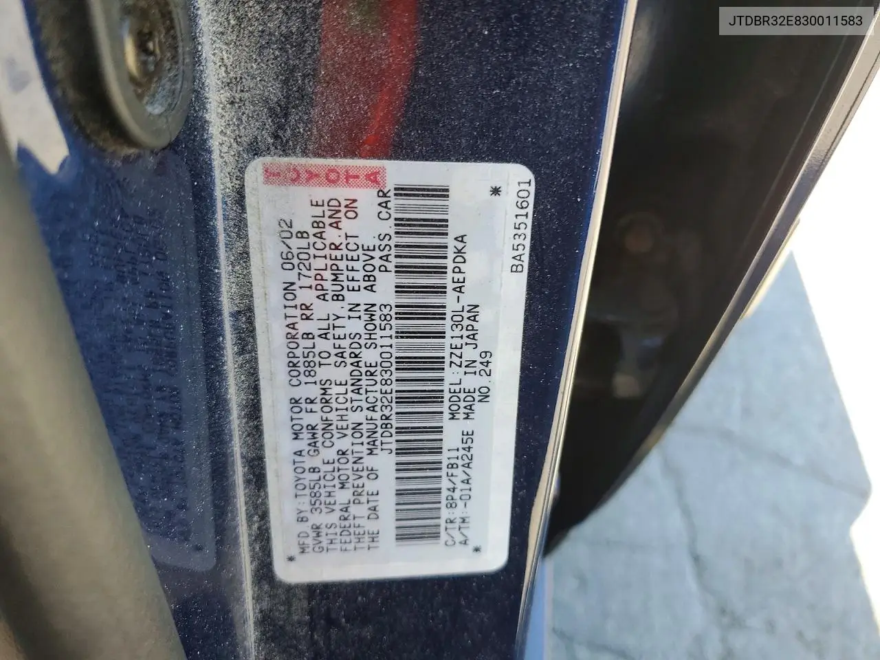 2003 Toyota Corolla Ce VIN: JTDBR32E830011583 Lot: 61666656