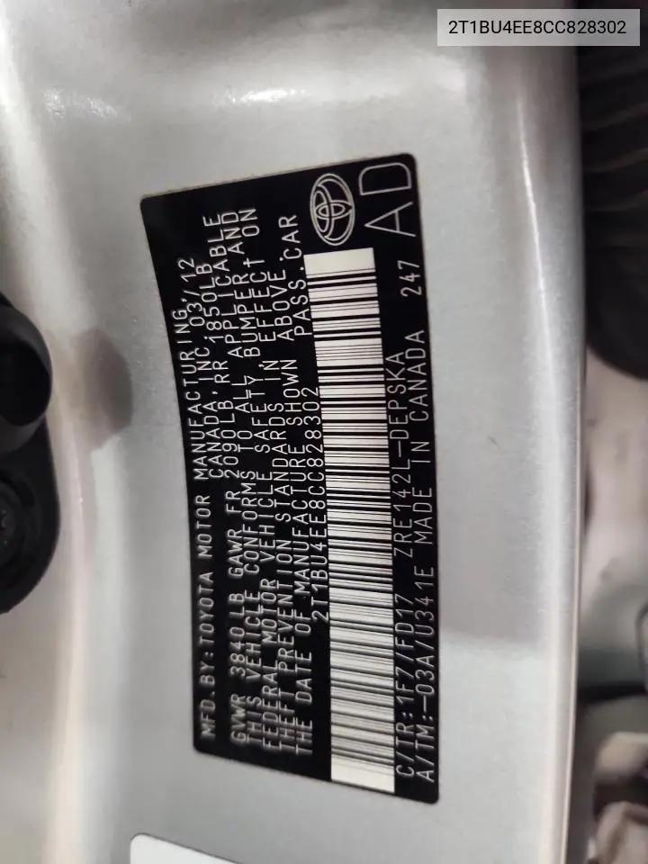 2T1BU4EE8CC828302 2012 Toyota Corolla Base