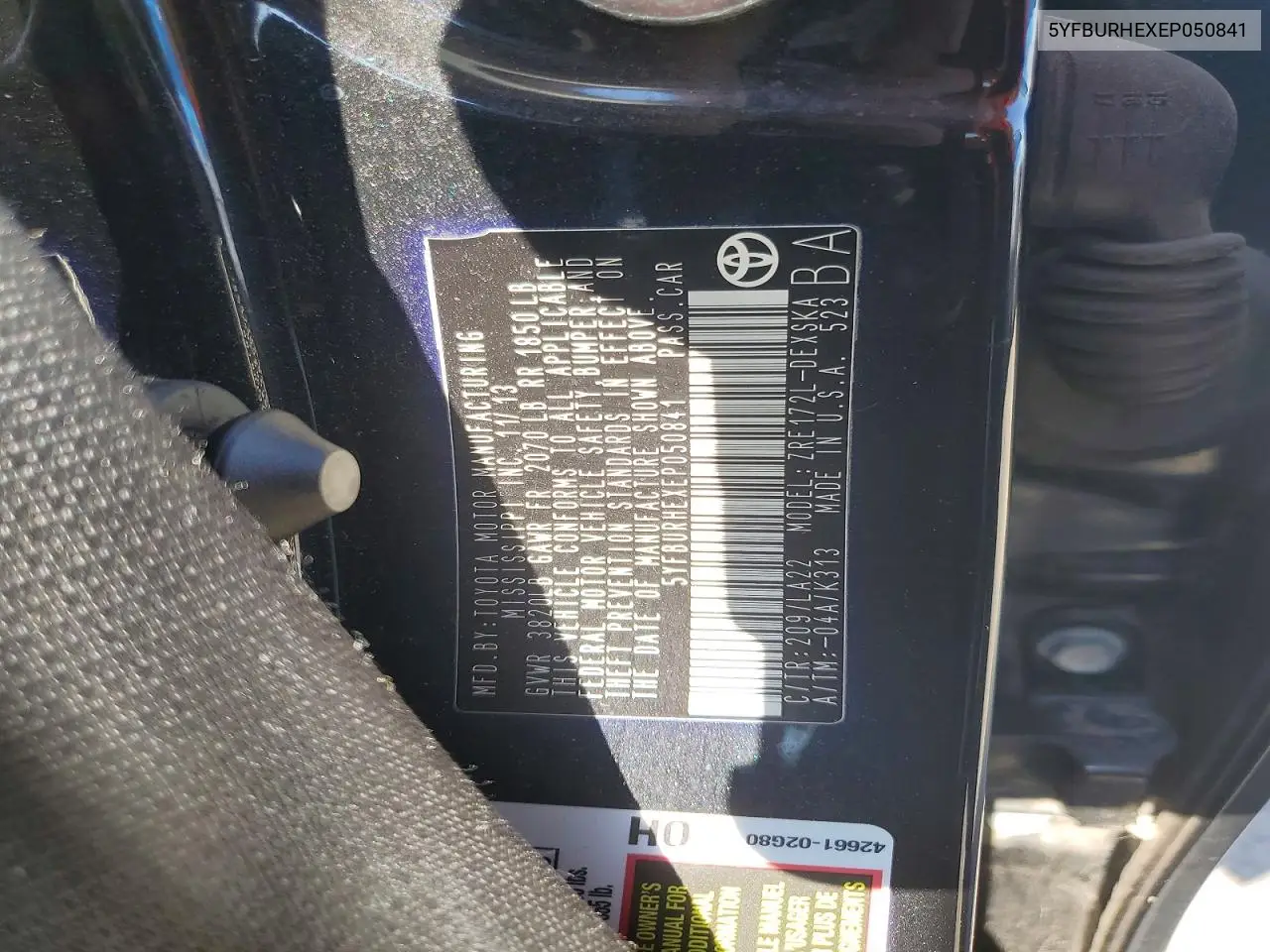 2014 Toyota Corolla S Premium VIN: 5YFBURHEXEP050841 Lot: 59382476