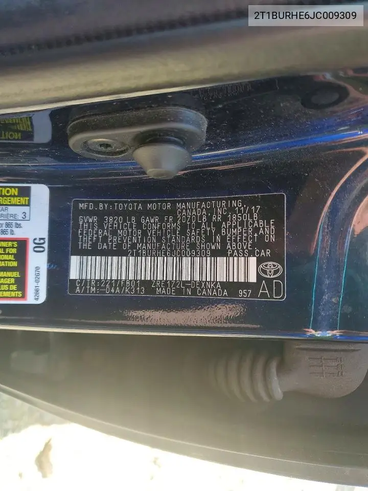 2018 Toyota Corolla Le VIN: 2T1BURHE6JC009309 Lot: 50471536