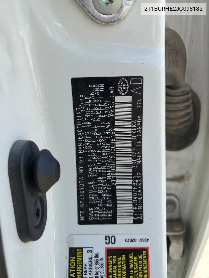 2T1BURHE2JC098182 2018 Toyota Corolla L