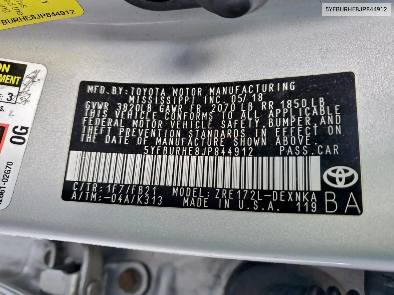 5YFBURHE8JP844912 2018 Toyota Corolla L