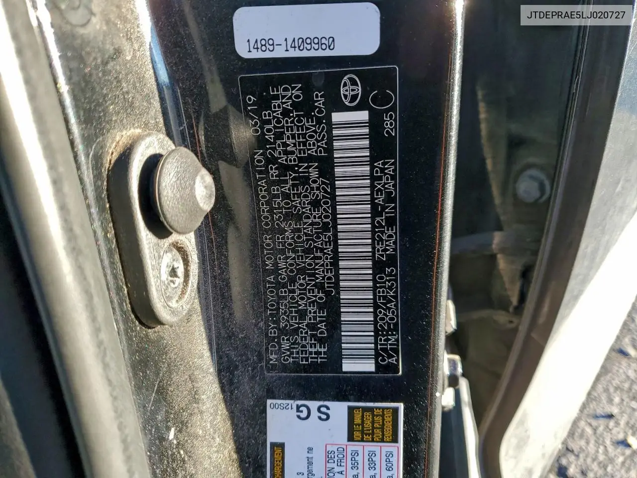 JTDEPRAE5LJ020727 2020 Toyota Corolla Le