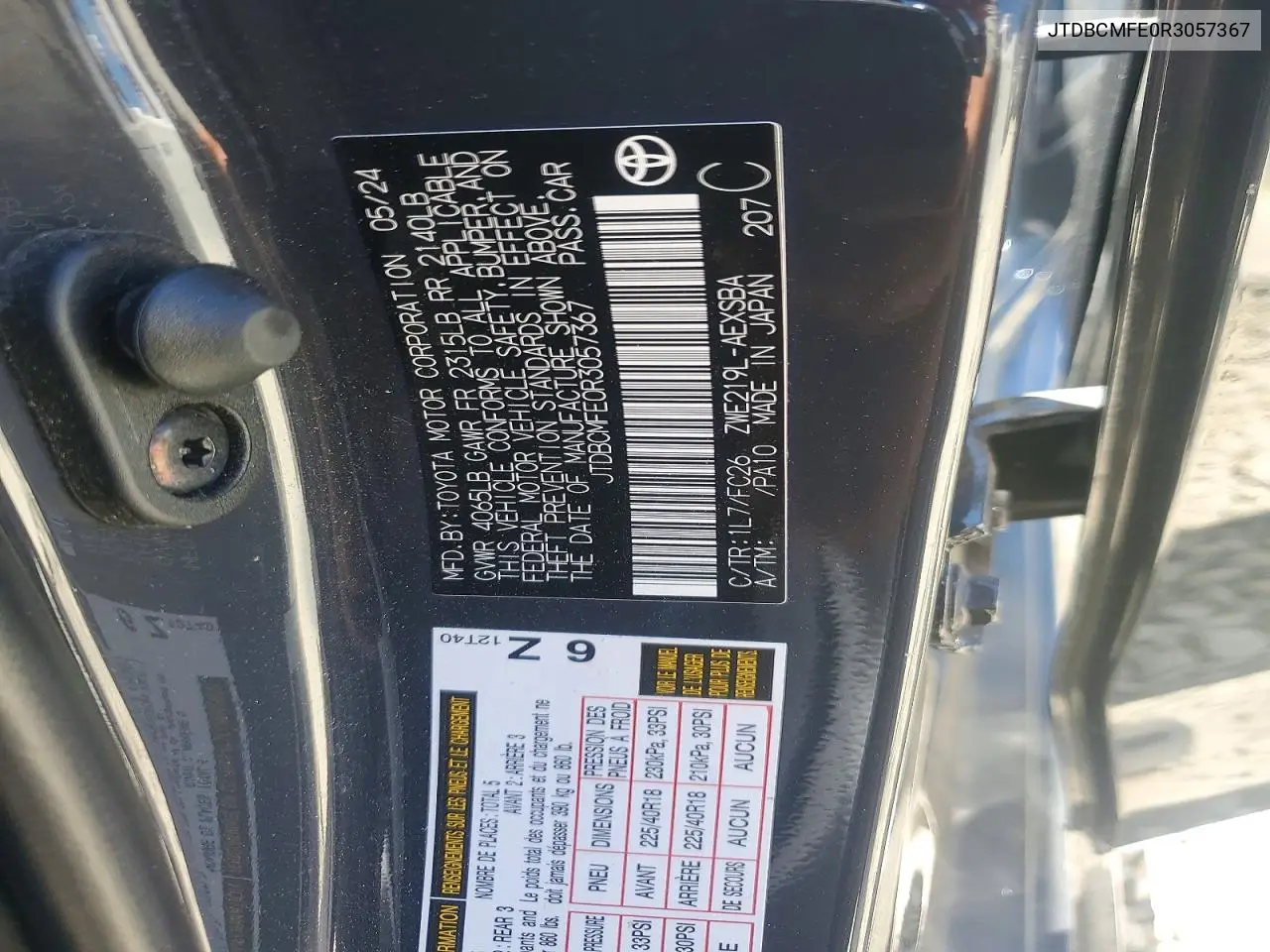 2024 Toyota Corolla Hybrid Se VIN: JTDBCMFE0R3057367 Lot: 62476186