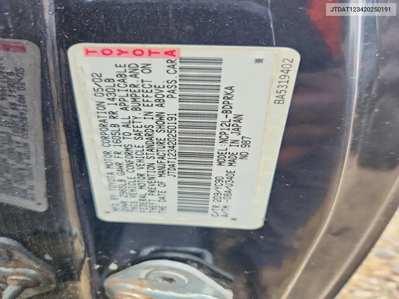 2002 Toyota Echo Base VIN: JTDAT123420250191 Lot: 54526406