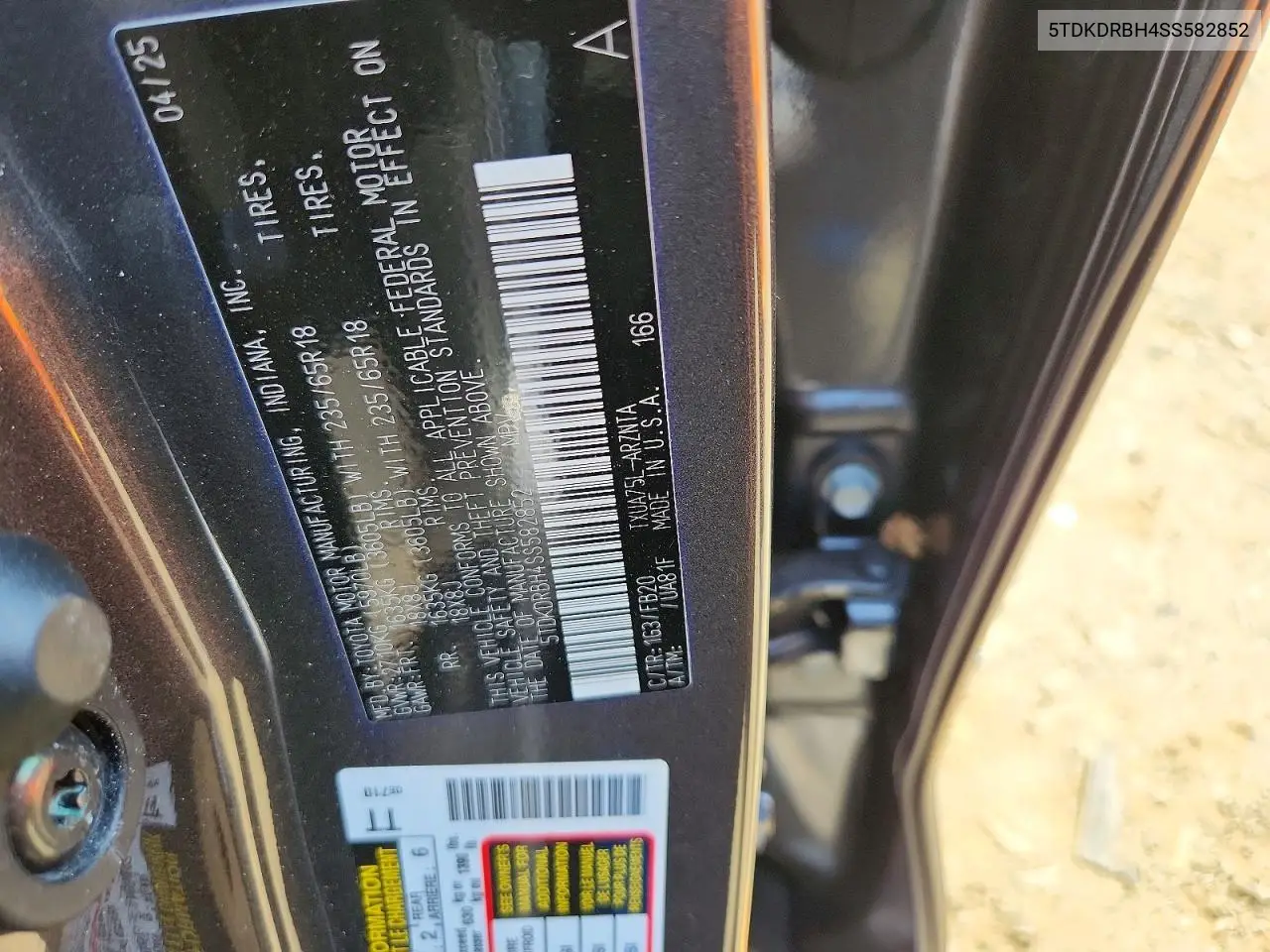 2025 Toyota Highlander Le VIN: 5TDKDRBH4SS582852 Lot: 61287126